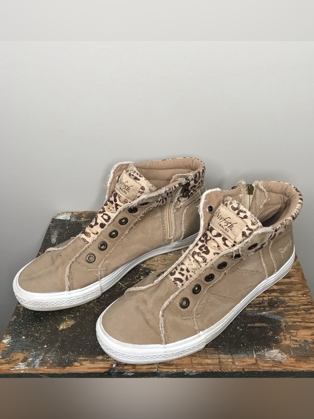 Blowfish Tan High-Top Sneakers with Leopard Accent